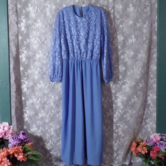 Vintage 80s Maxi Dress 1980s Periwinkle Evening Formal Boho Romantic Size Large - Picture 1 of 5